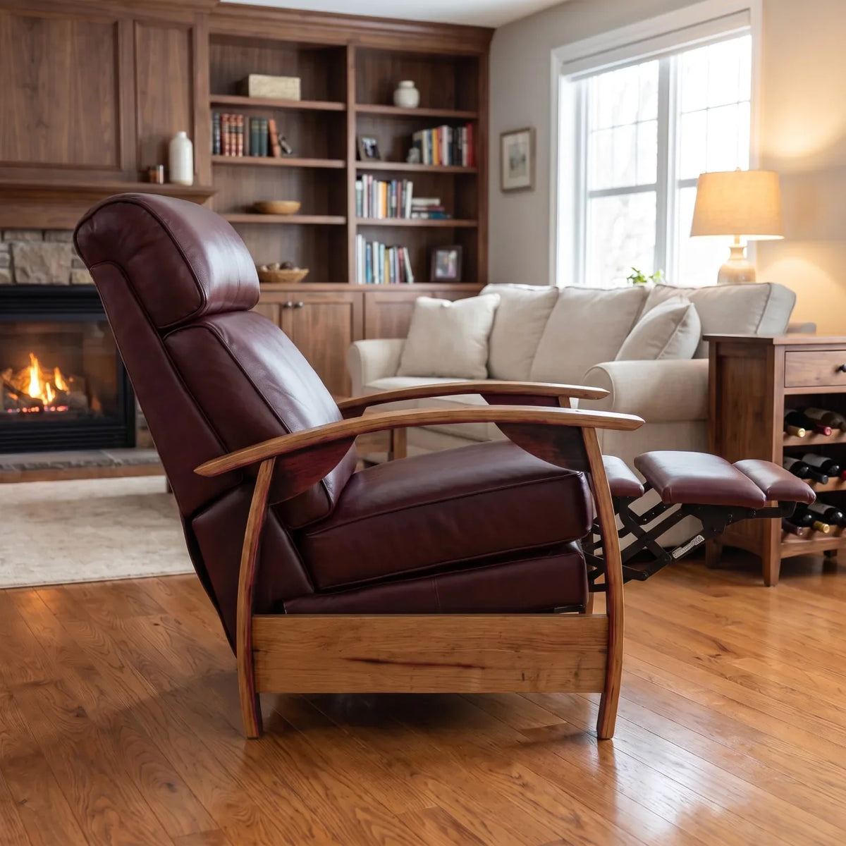 Wine Barrel Recliner - Oxblood Italian Leather - side view reclined