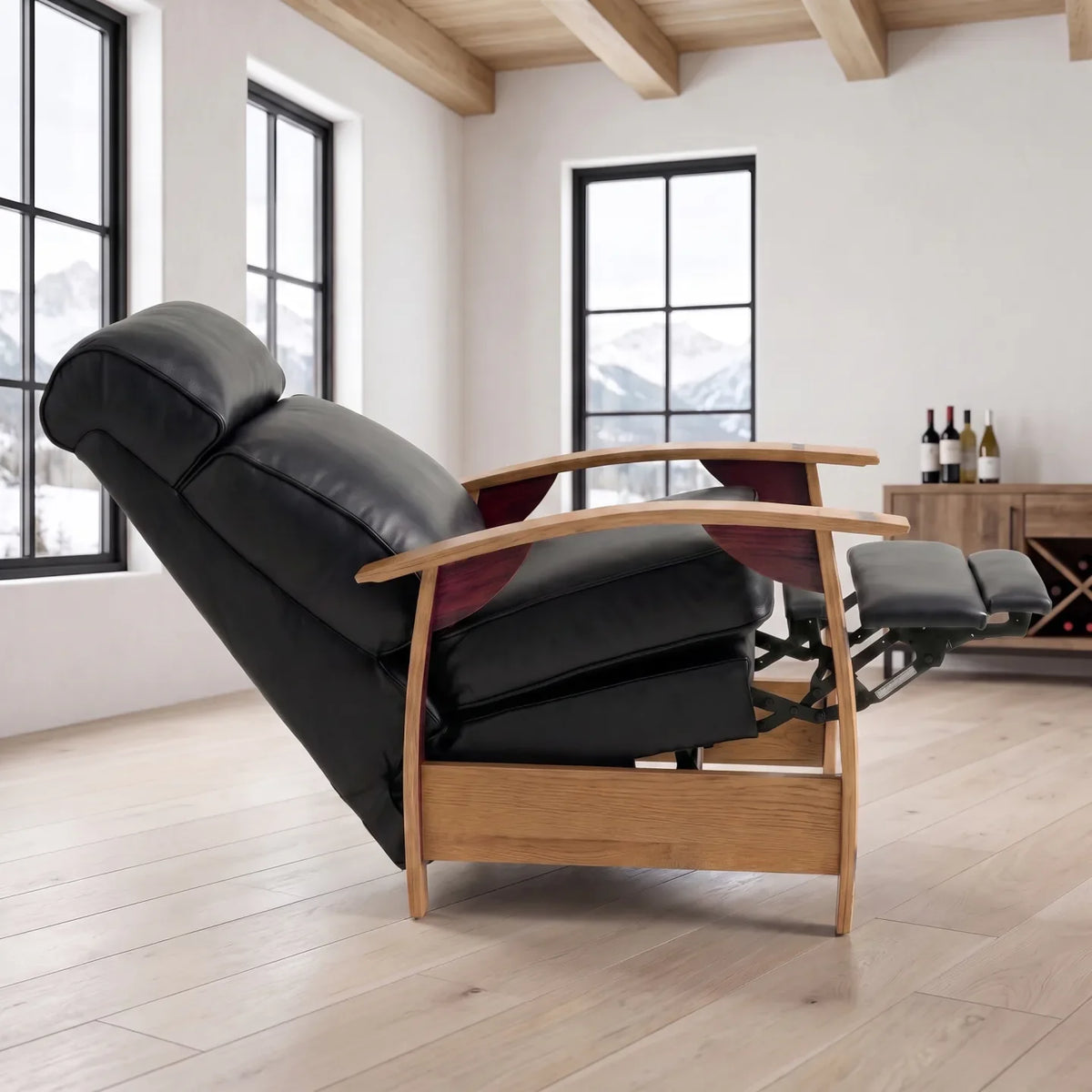 Wine Barrel Recliner - Black Italian Leather - side view fully reclined