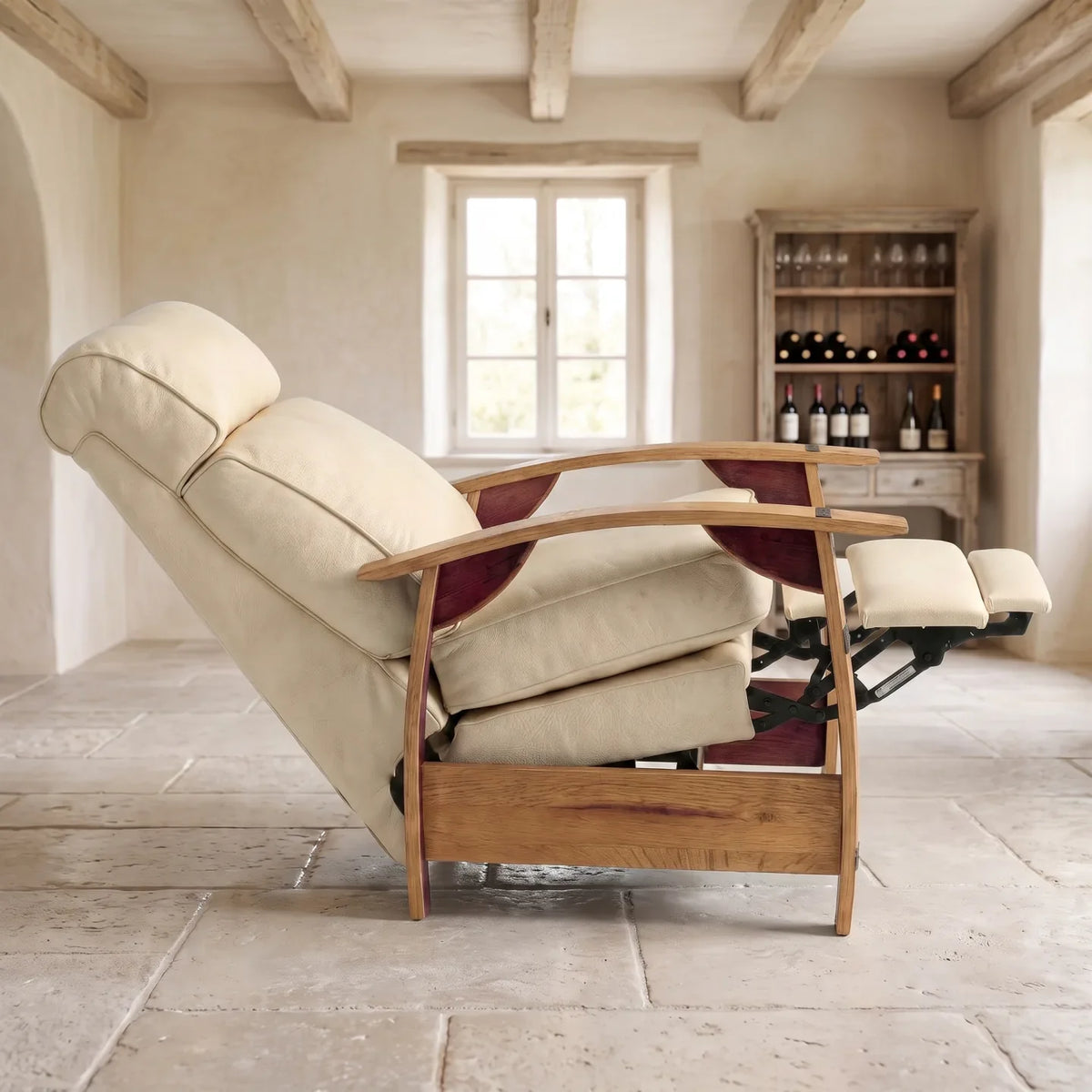 Wine Barrel Recliner - French Vanilla Italian Leather - side view fully reclined