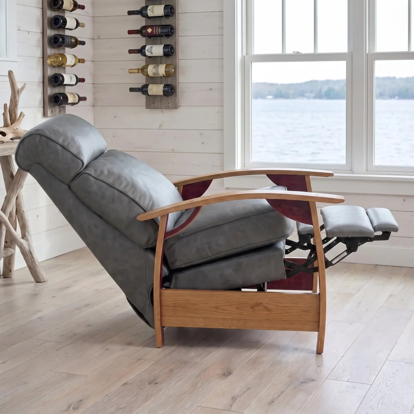 Wine Barrel Recliner - Gray Italian Leather - side view fully reclined