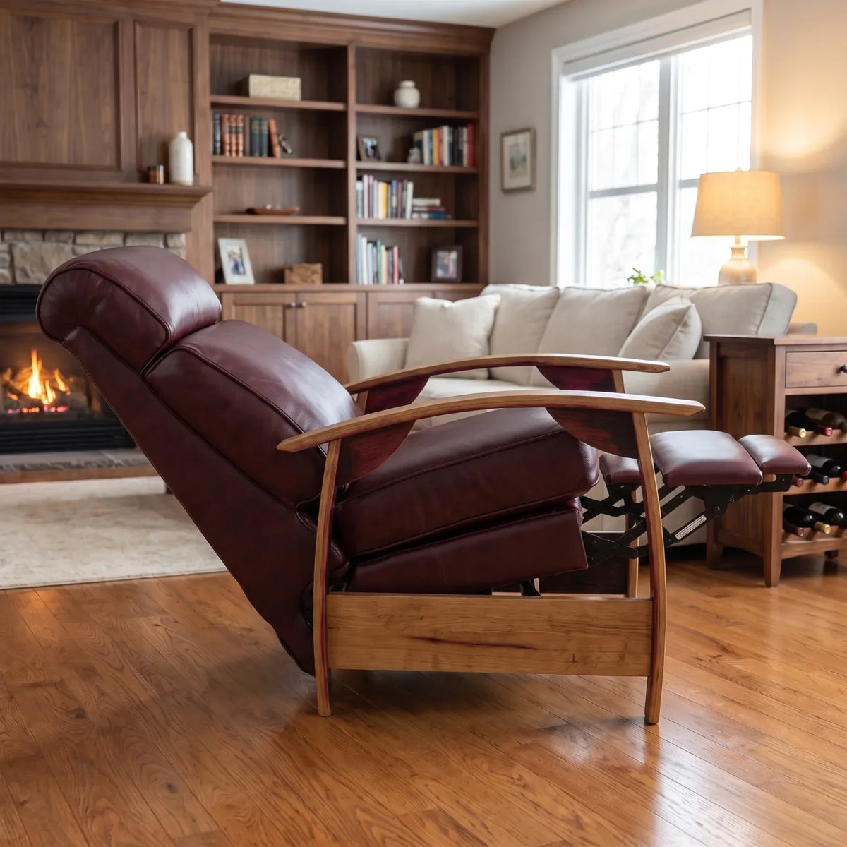 Wine Barrel Recliner - Oxblood Italian Leather - side view fully reclined