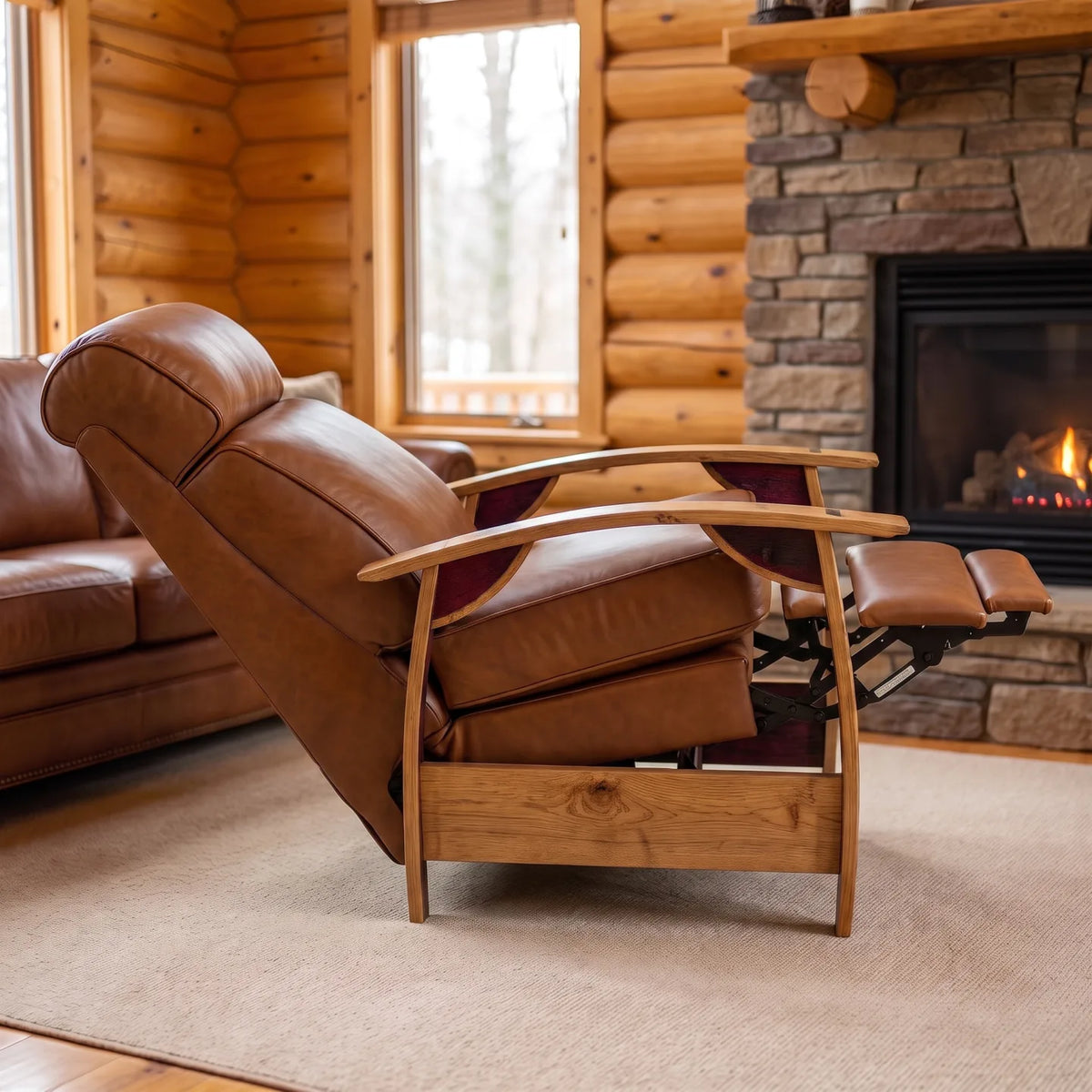 Wine Barrel Recliner - Whiskey Italian Leather - side view fully reclined