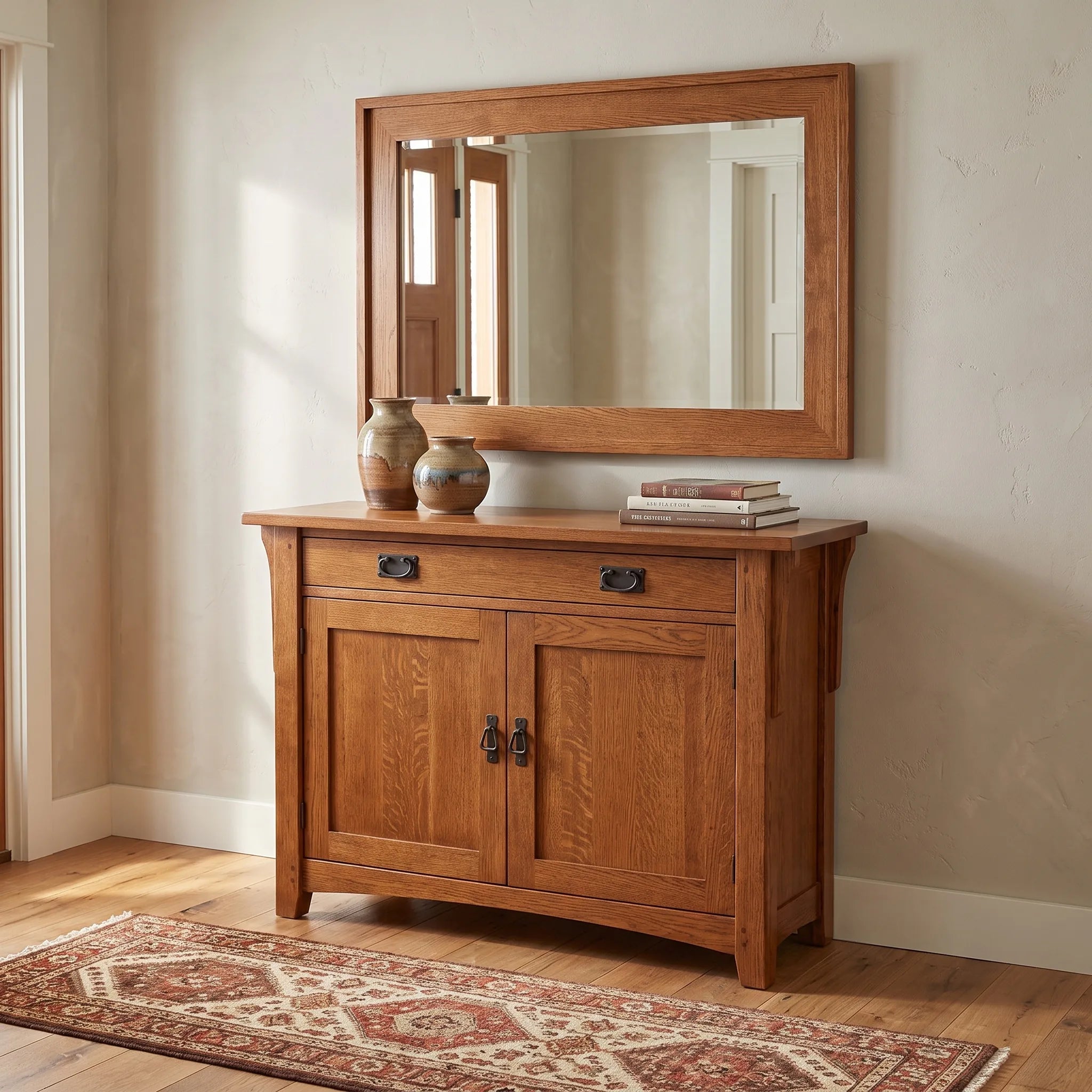 Mission 2-Door Console - Solid Oak — shown with the matching collection