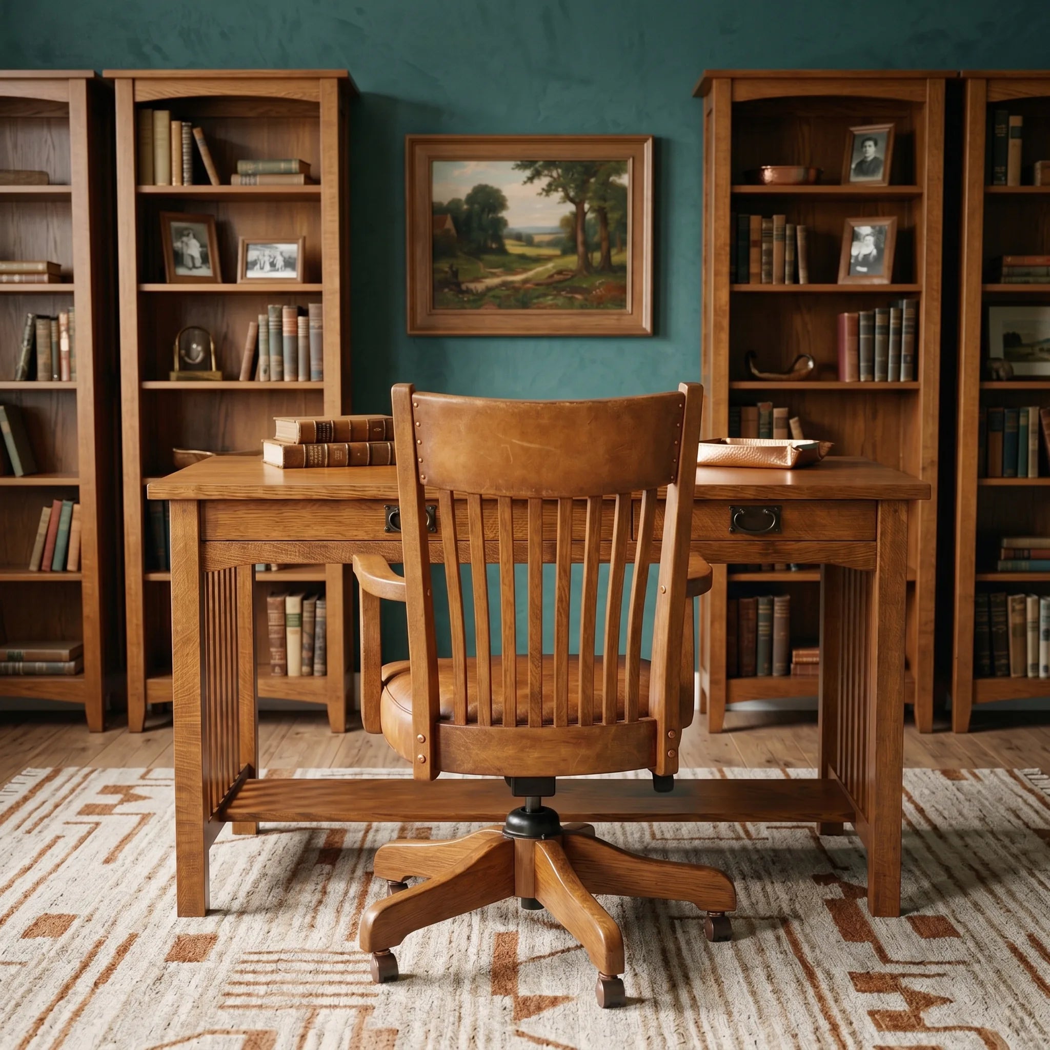 Mission 2-Drawer Desk - Solid Oak — shown with the matching collection