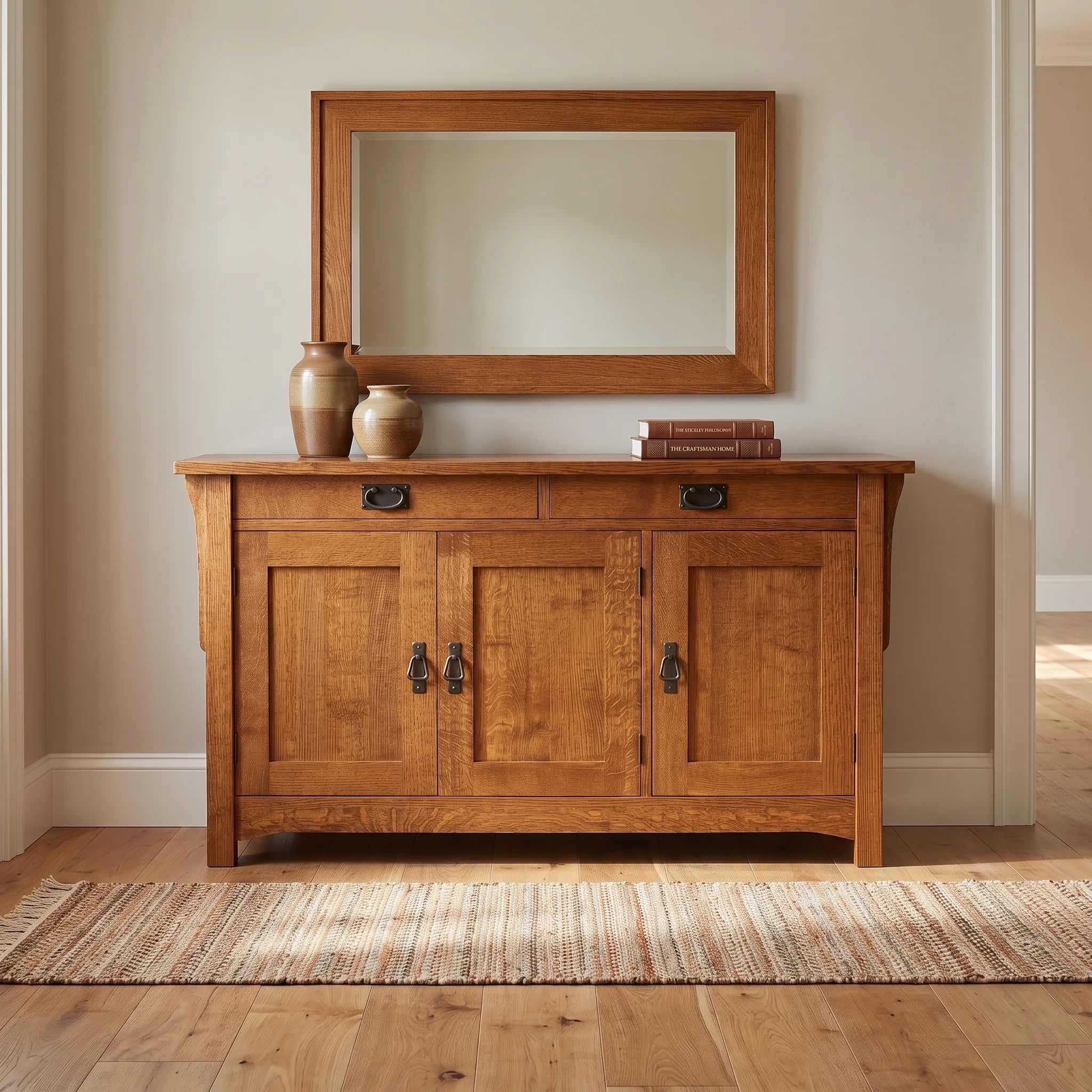 Mission 3-Door Console - Solid Oak — shown with the matching collection