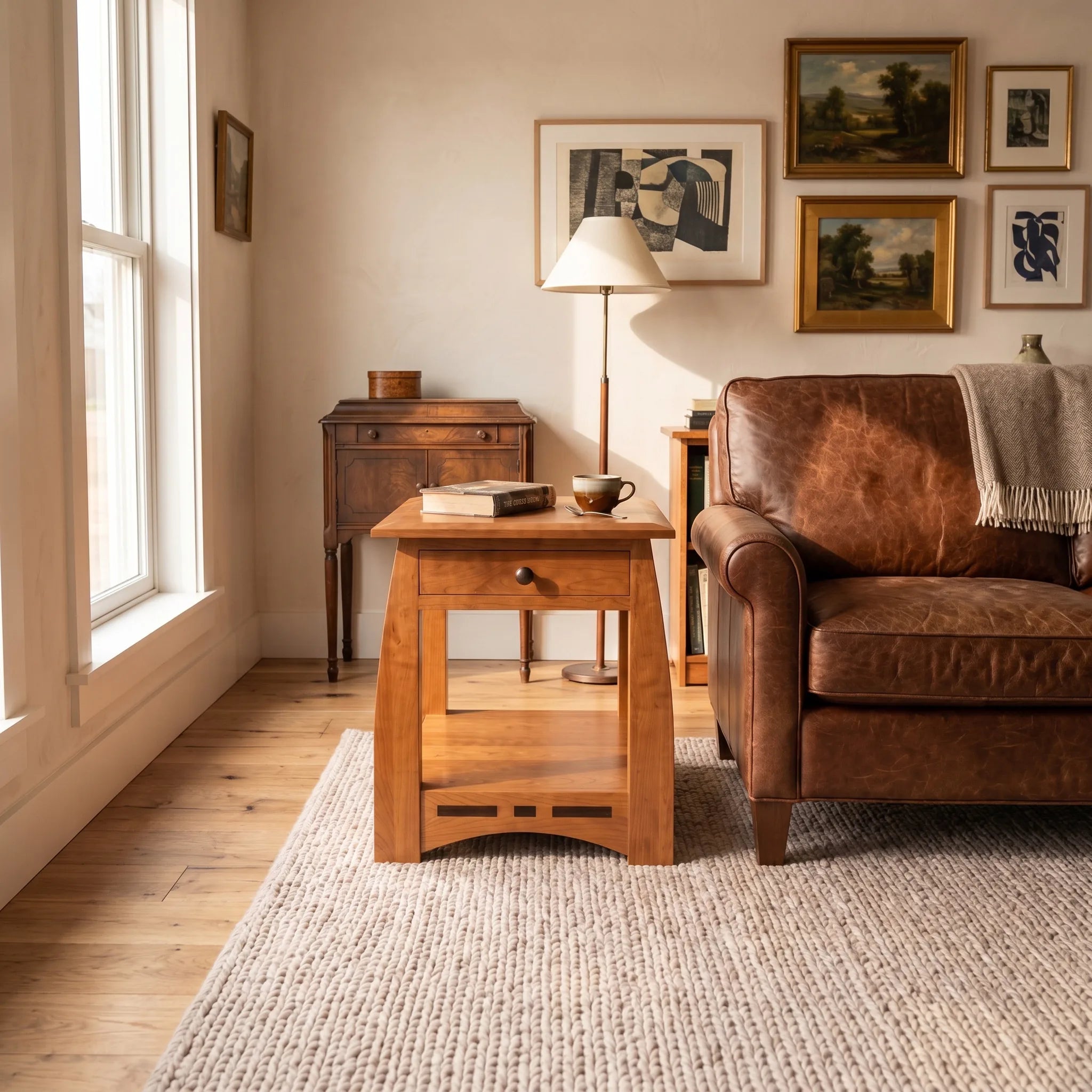 African Inlay End Table - Solid Cherry — styled in a room setting
