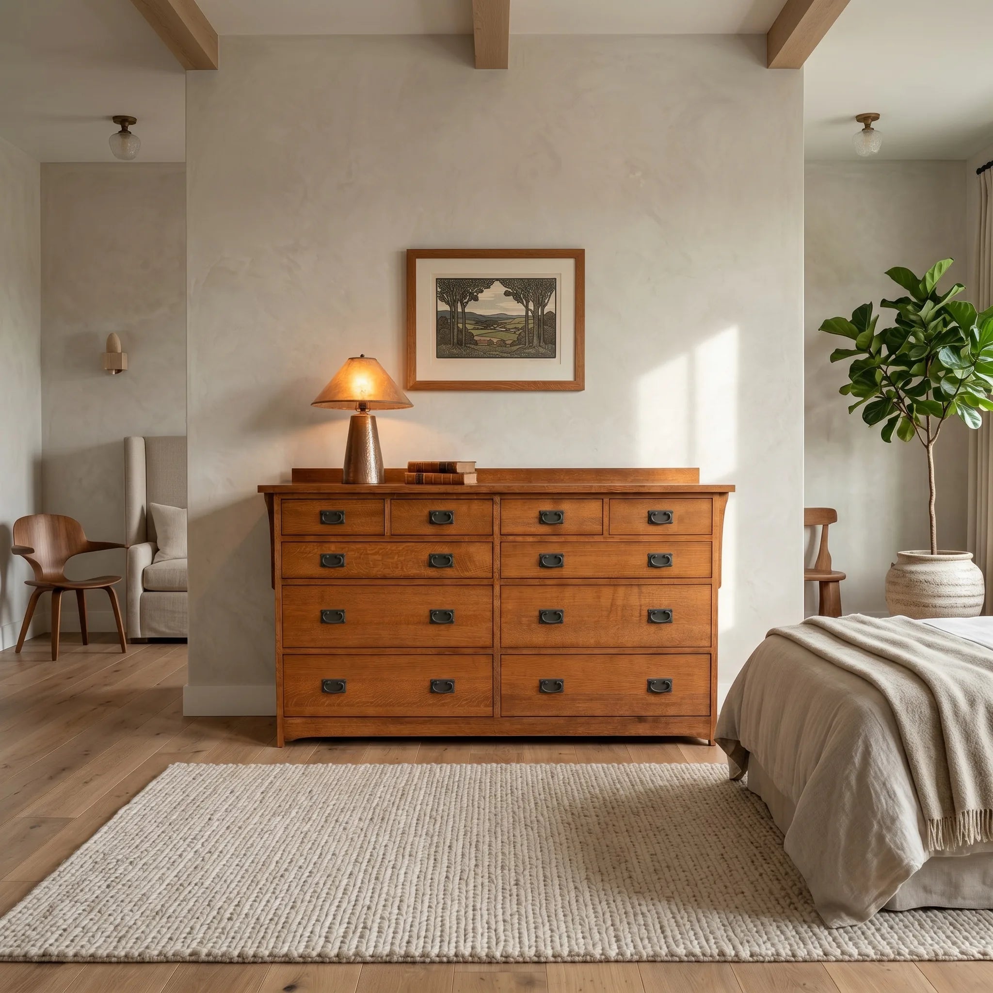 Mission 10-Drawer Dresser - Solid Oak — styled in a room setting