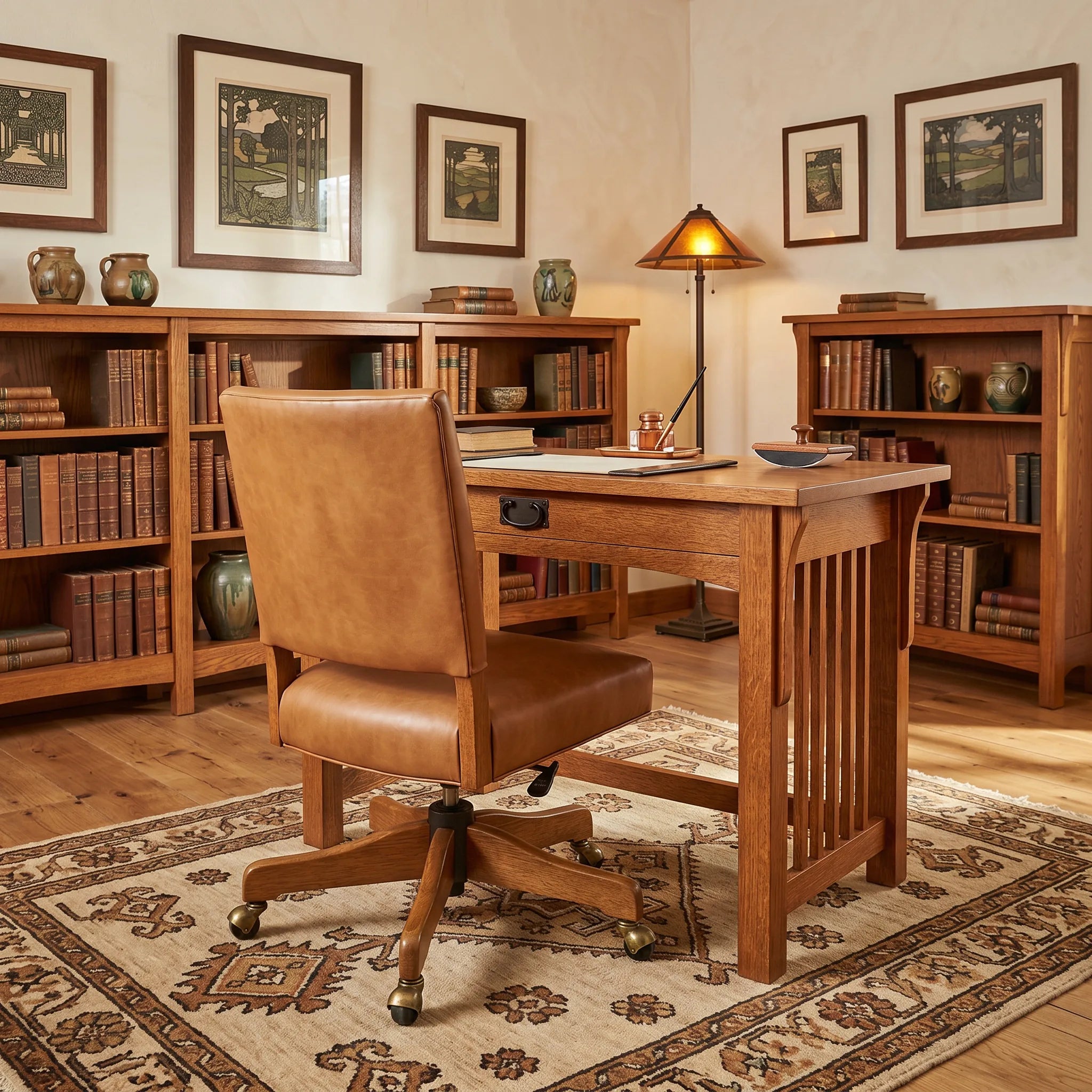 Mission 1-Drawer Desk - Solid Oak — styled in a room setting