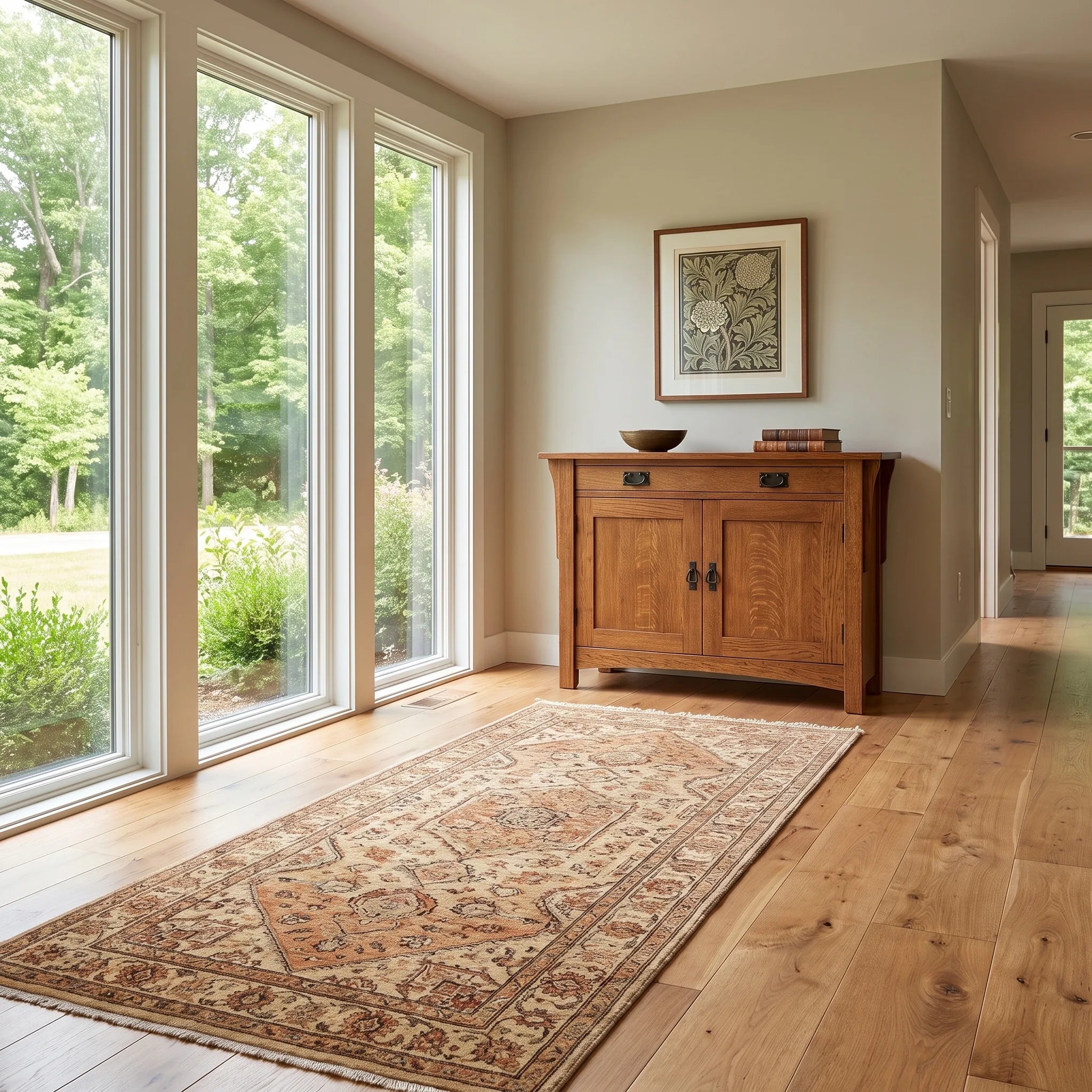 Mission 2-Door Console - Solid Oak — styled in a room setting