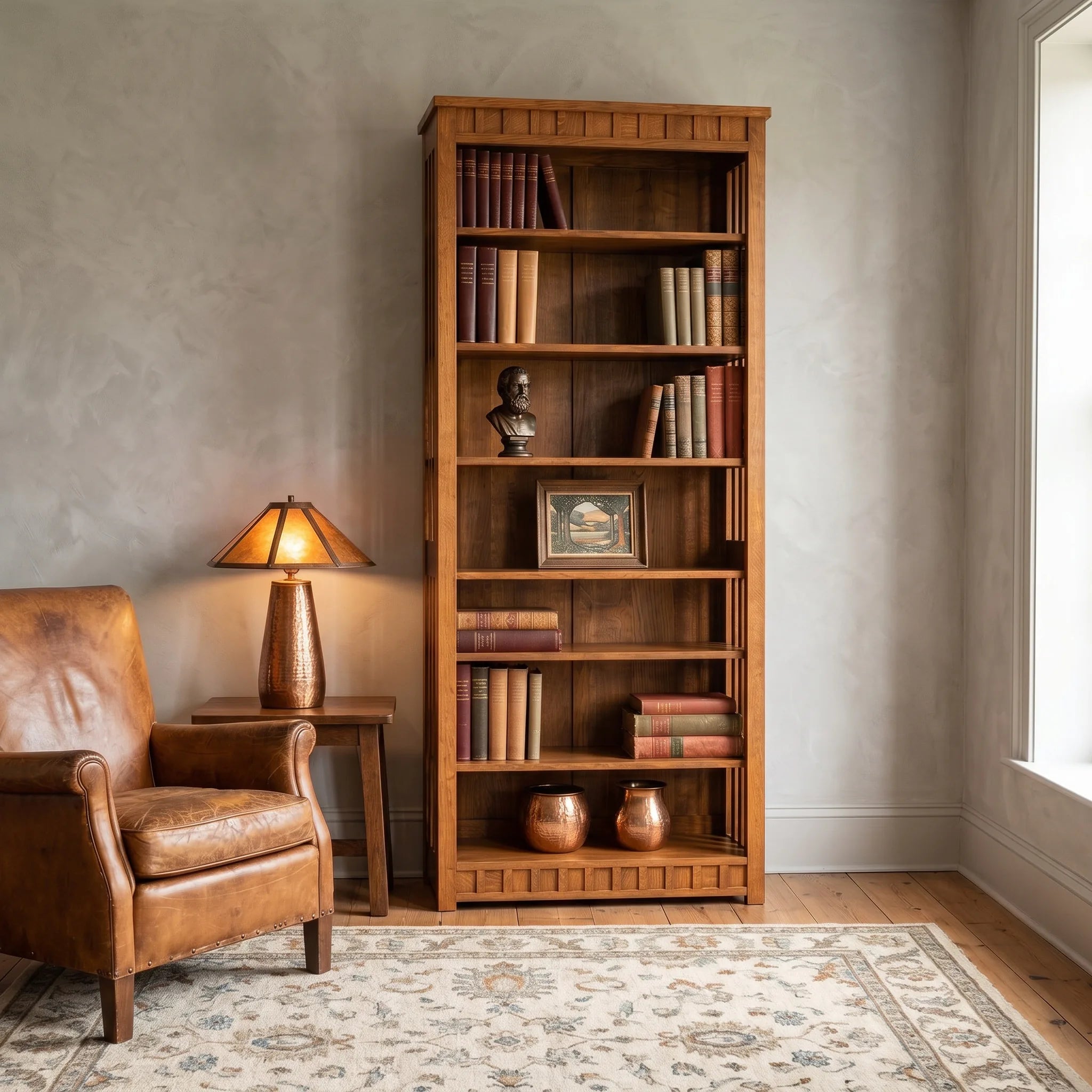 84" Bookcase - Solid Oak — styled in a room setting