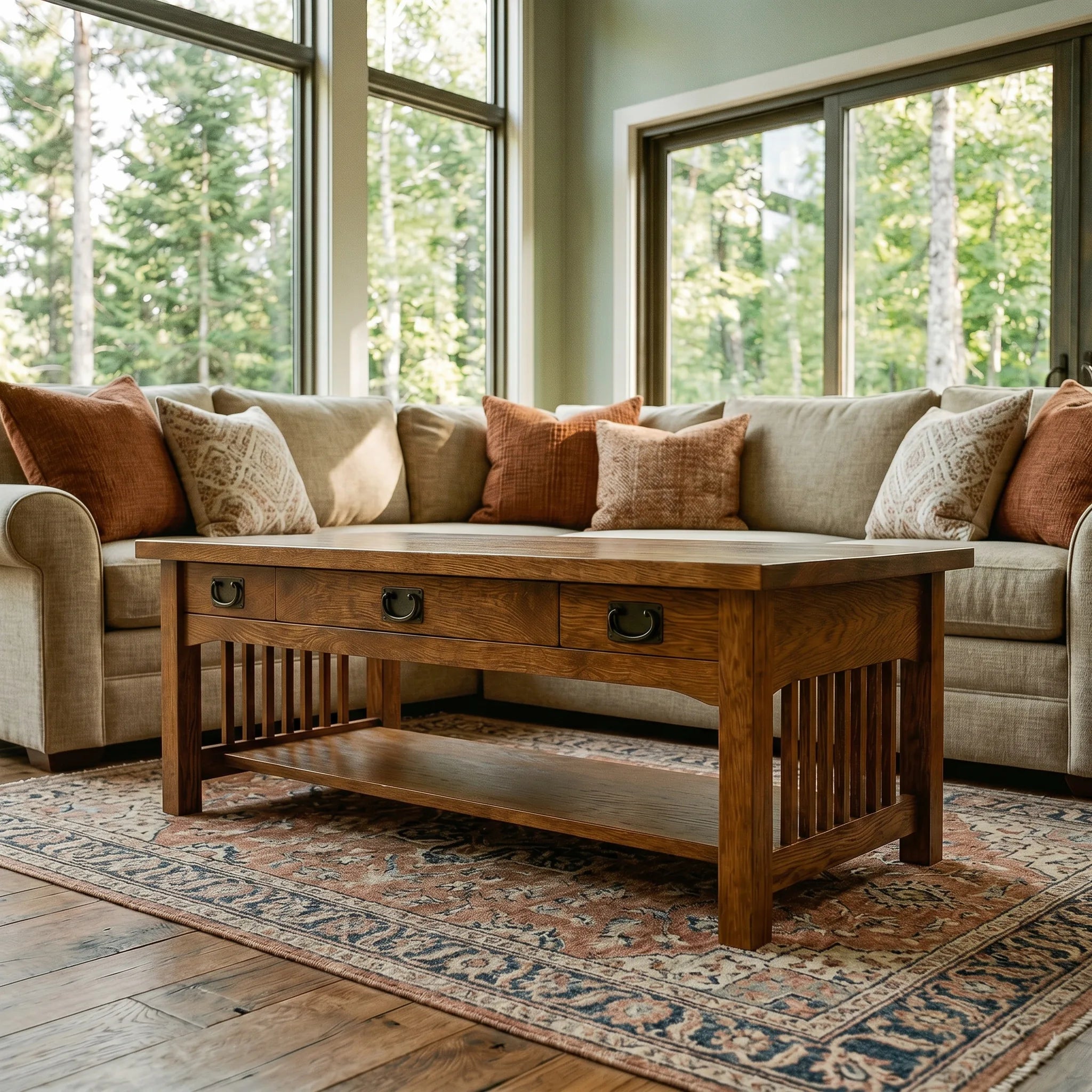 Mission Lift-Top Coffee Table - Antique Brown — styled in a room setting