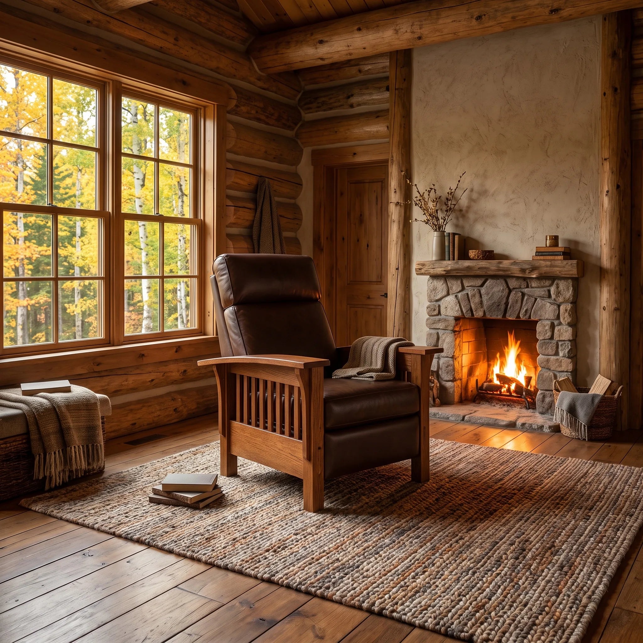 Mission Spindle Recliner - Solid Oak — styled in a room setting