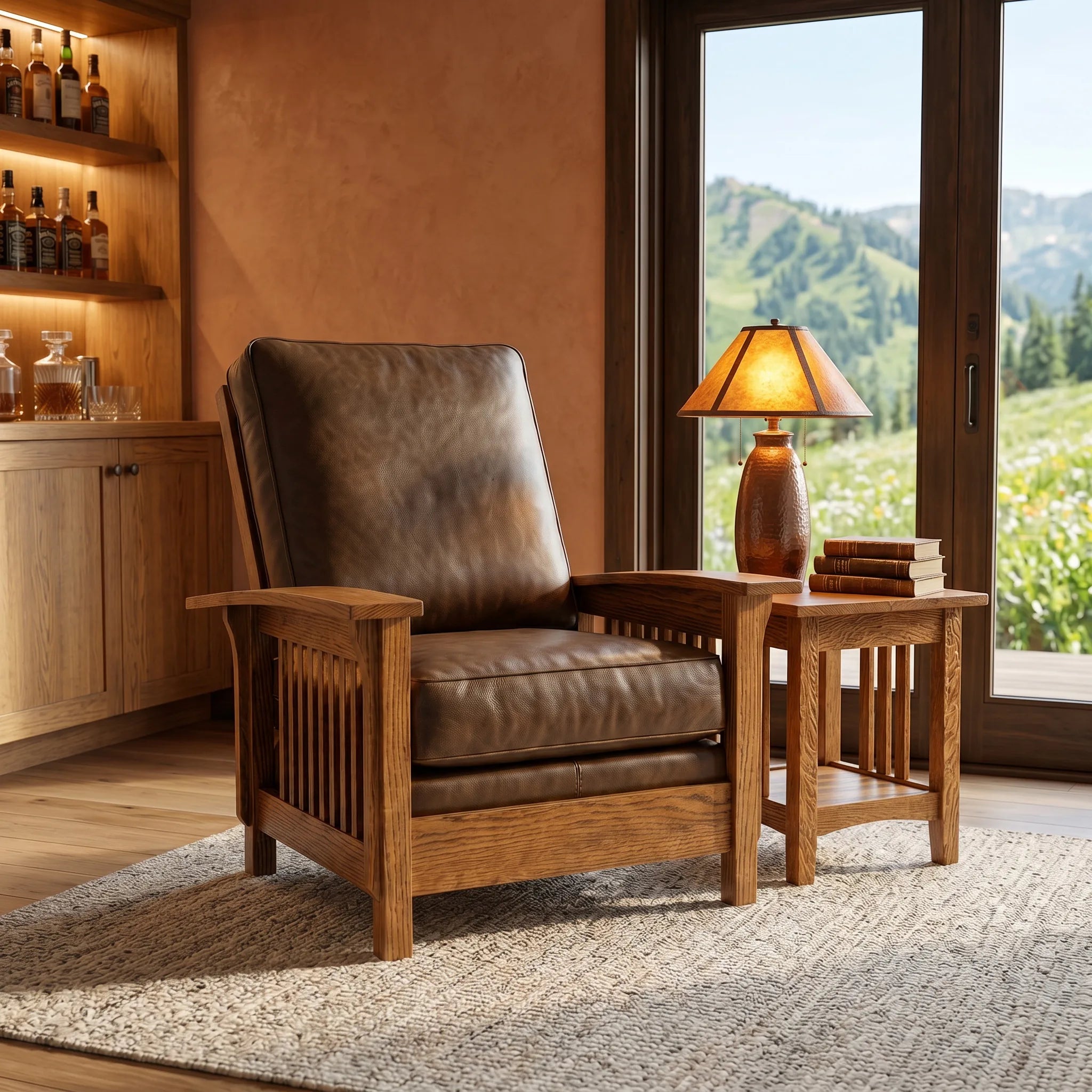 Morris Armchair - Solid Oak — styled in a room setting