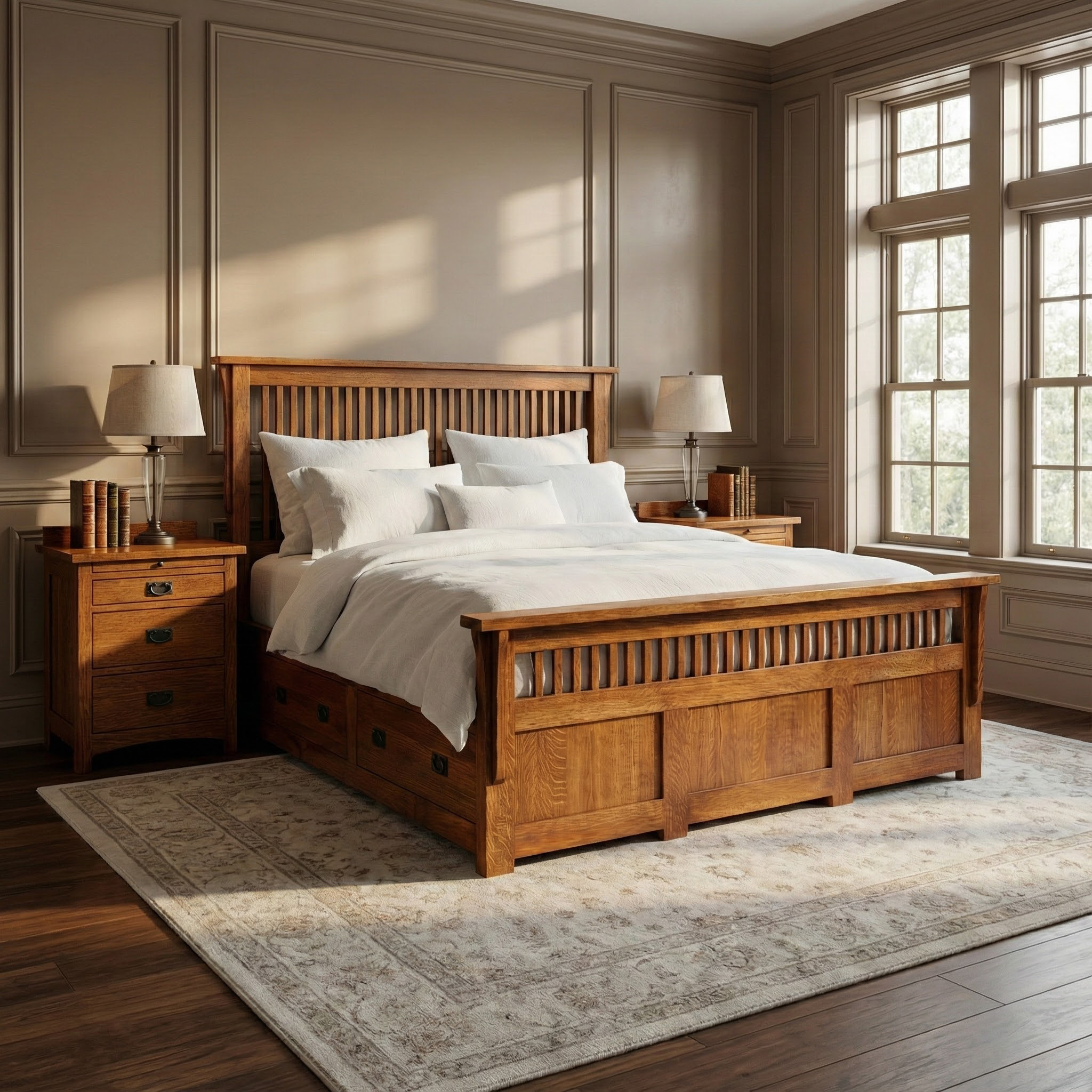 Queen Spindle Platform Bed Frame - Solid Oak
