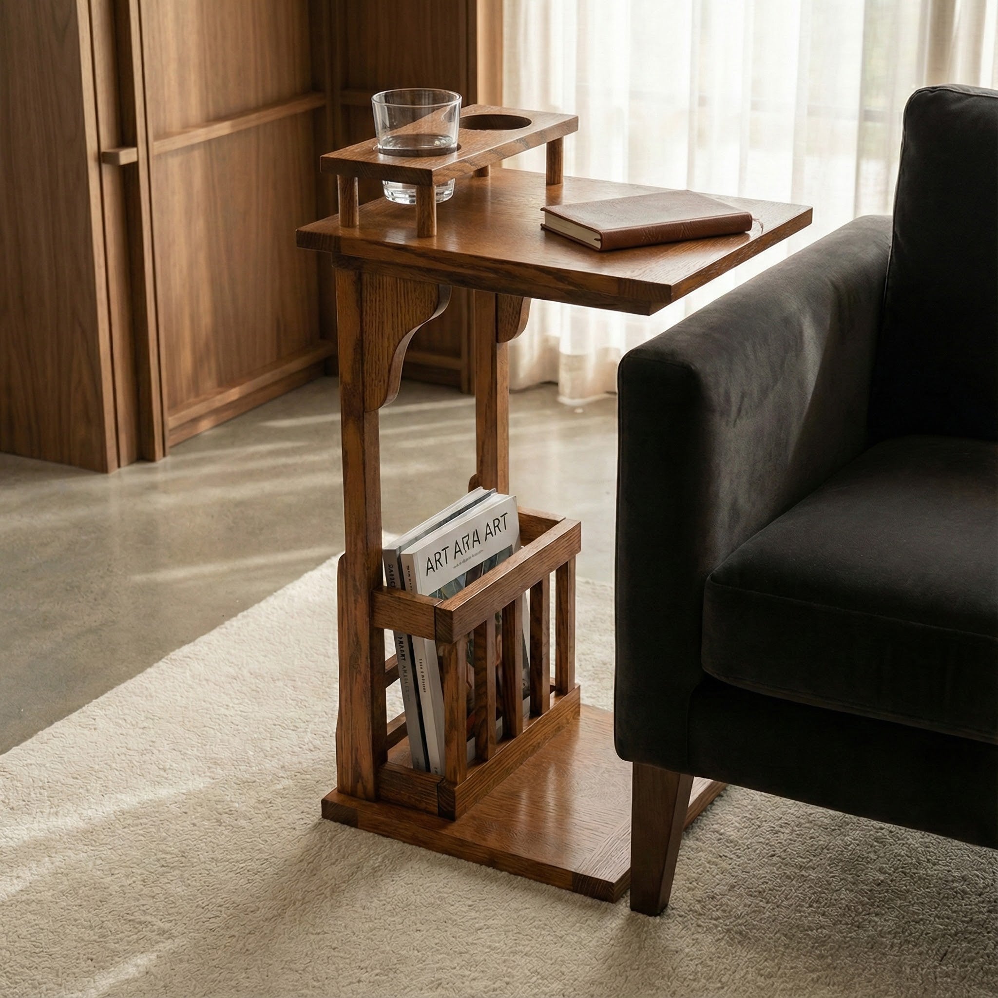 Narrow Sofamate with Cup Holder - Solid Oak